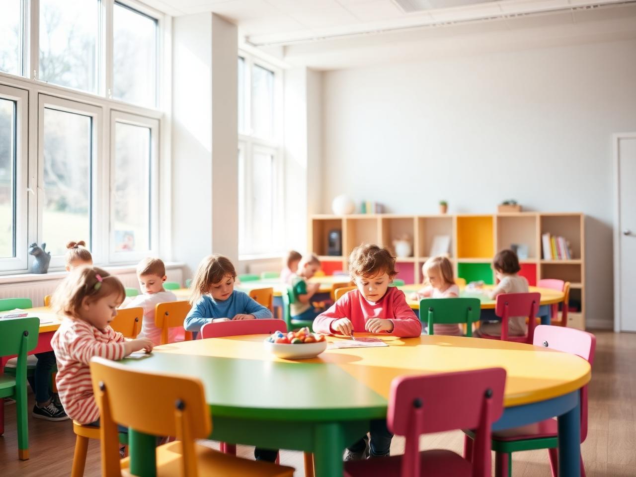 Schülerinnen und Schüler arbeiten gemeinsam in einem hellen Klassenzimmer der Mozartschule.