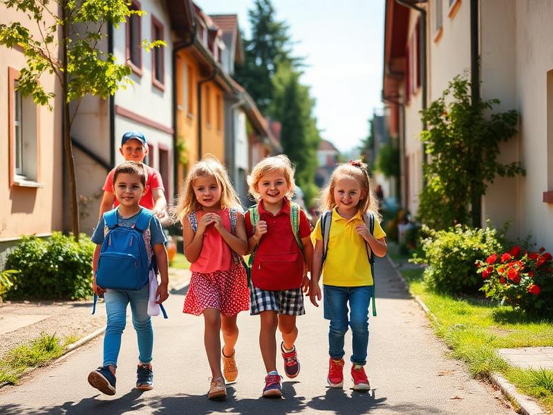 Kinder gehen gemeinsam zu Fuß zur Schule.