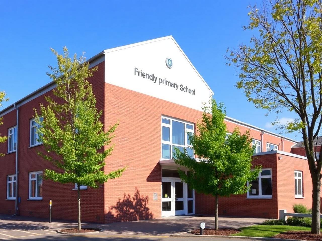 Gebäude der Mozartschule mit dem Haupteingang und umliegenden Bäumen.